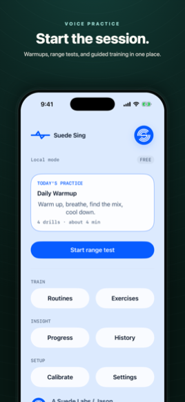 Suede Sing home screen with Daily Warmup routine