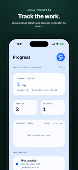 Progress screen with practice streak and achievements